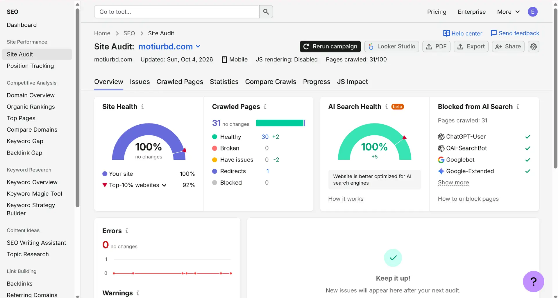 After audit of motiurbd.com on 4 October 2026: Site Health 100%, AI Search Health 100%, 30 healthy pages, zero pages with issues and zero blocked pages.